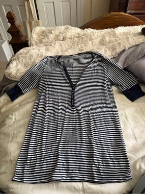 Splendid Navy and White Striped V-Neck Henley Top